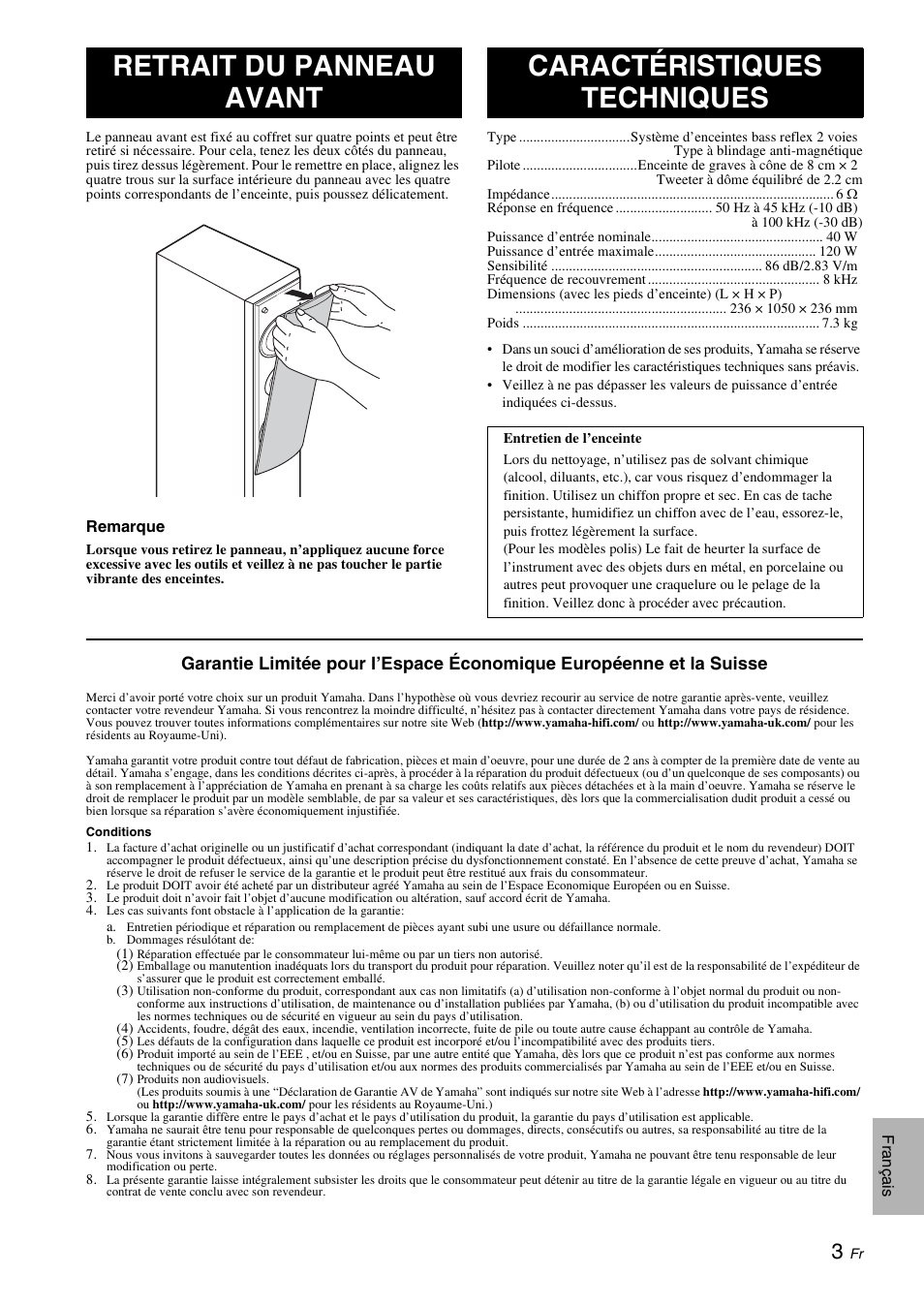 Retrait du panneau avant, Caractéristiques techniques | Yamaha NS-F210 User Manual | Page 9 / 24