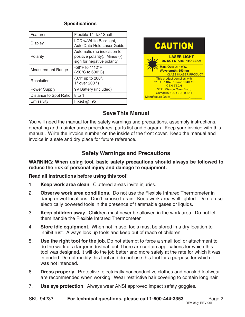 Save this manual, Safety warnings and precautions | Harbor Freight Tools CEN-TECH 94233 User Manual | Page 2 / 9