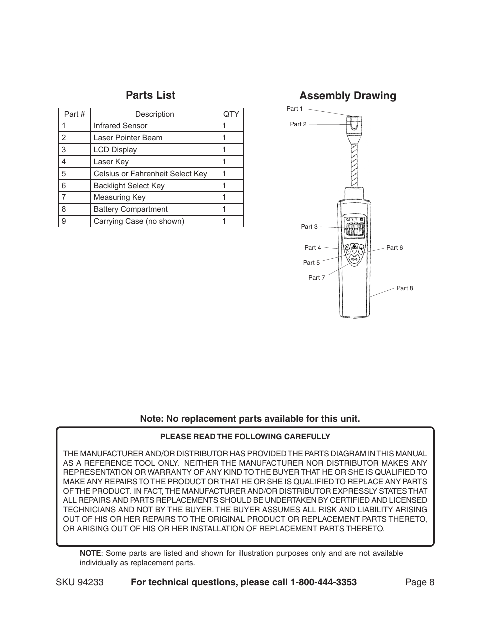 Assembly drawing, Parts list | Harbor Freight Tools CEN-TECH 94233 User Manual | Page 8 / 9