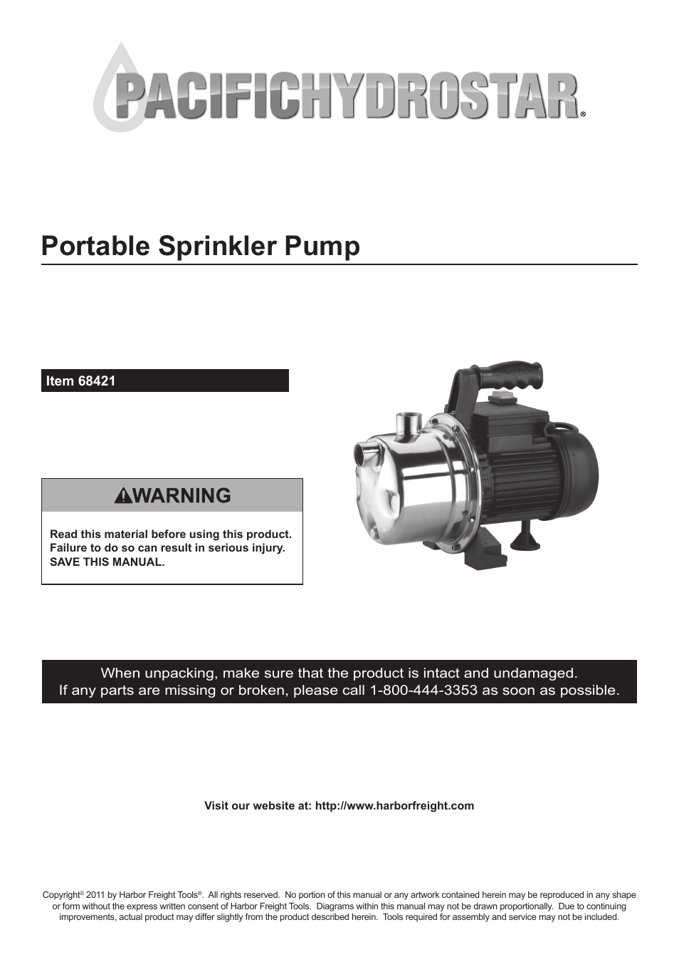 Harbor Freight Tools Pacific Hydrostar Portable Sprinkler Pump 6842 User Manual | 8 pages