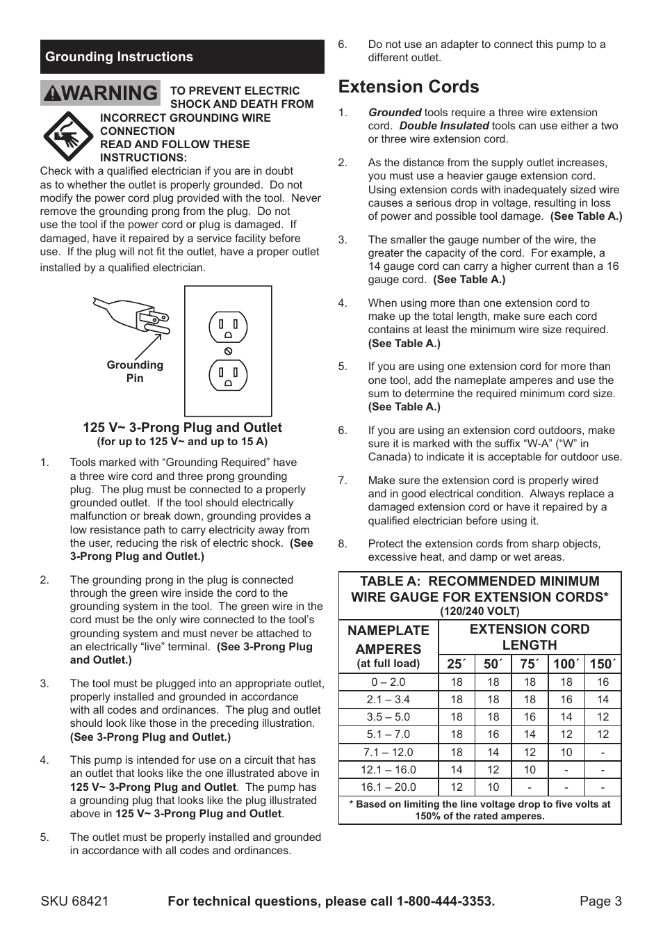 Extension cords | Harbor Freight Tools Pacific Hydrostar Portable Sprinkler Pump 6842 User Manual | Page 3 / 8