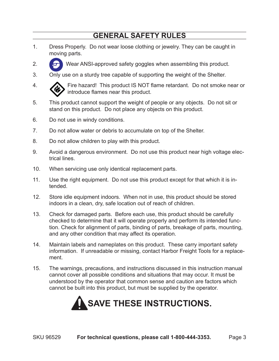 Save these instructions, General safety rules | Harbor Freight Tools HUNTING SHELTER 96529 User Manual | Page 3 / 8