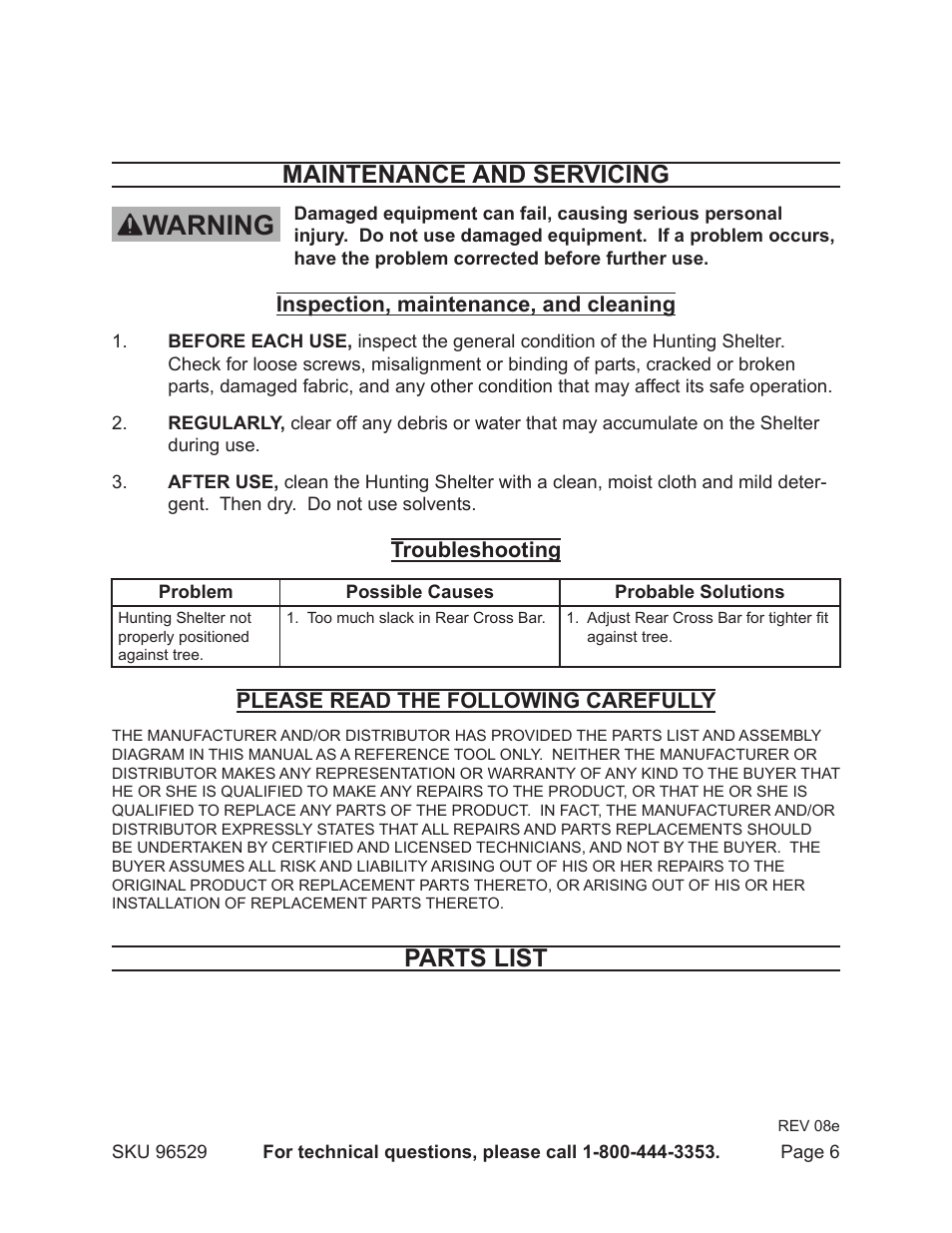 Warning, Maintenance and servicing, Parts list | Inspection, maintenance, and cleaning, Troubleshooting, Please read the following carefully | Harbor Freight Tools HUNTING SHELTER 96529 User Manual | Page 6 / 8