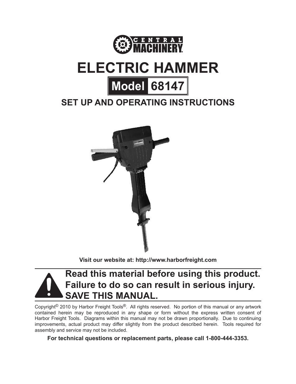 Harbor Freight Tools Electric Hammer 68147 User Manual | 15 pages