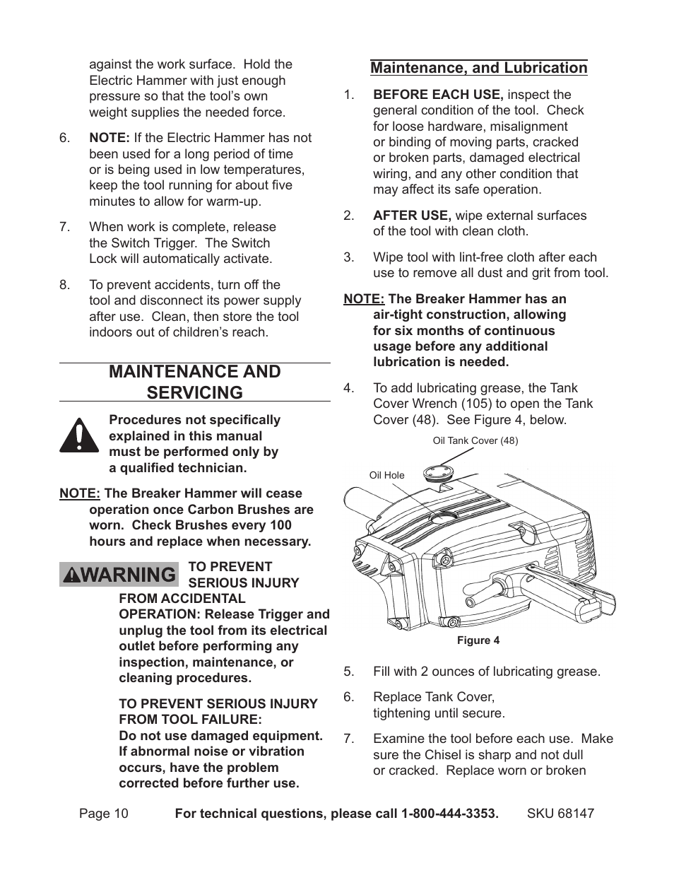 Maintenance and servicing | Harbor Freight Tools Electric Hammer 68147 User Manual | Page 10 / 15