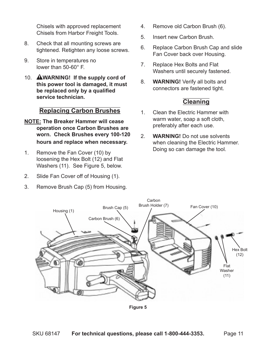 Replacing carbon brushes, Cleaning | Harbor Freight Tools Electric Hammer 68147 User Manual | Page 11 / 15