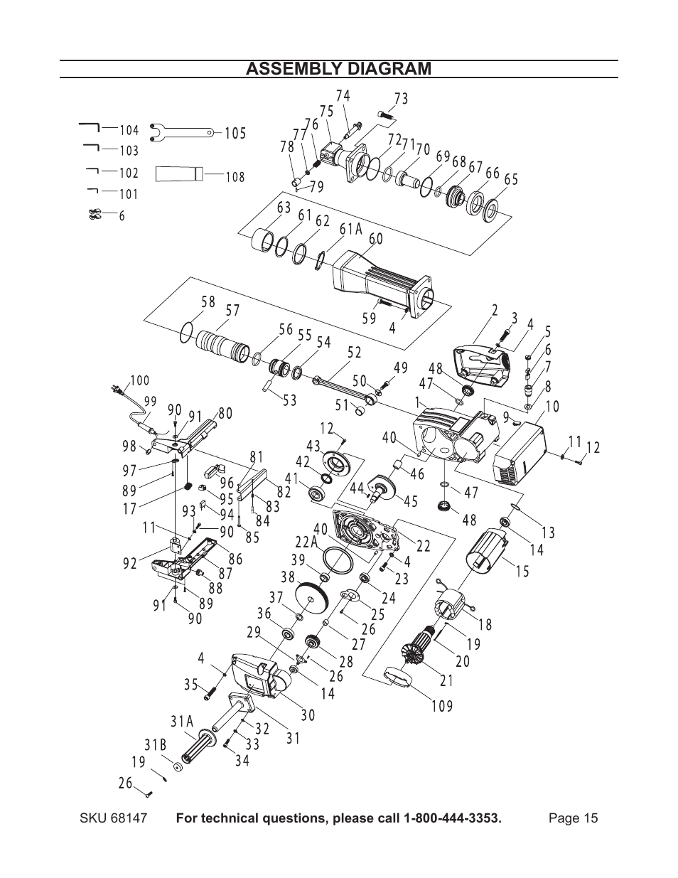 Assembly diagram | Harbor Freight Tools Electric Hammer 68147 User Manual | Page 15 / 15