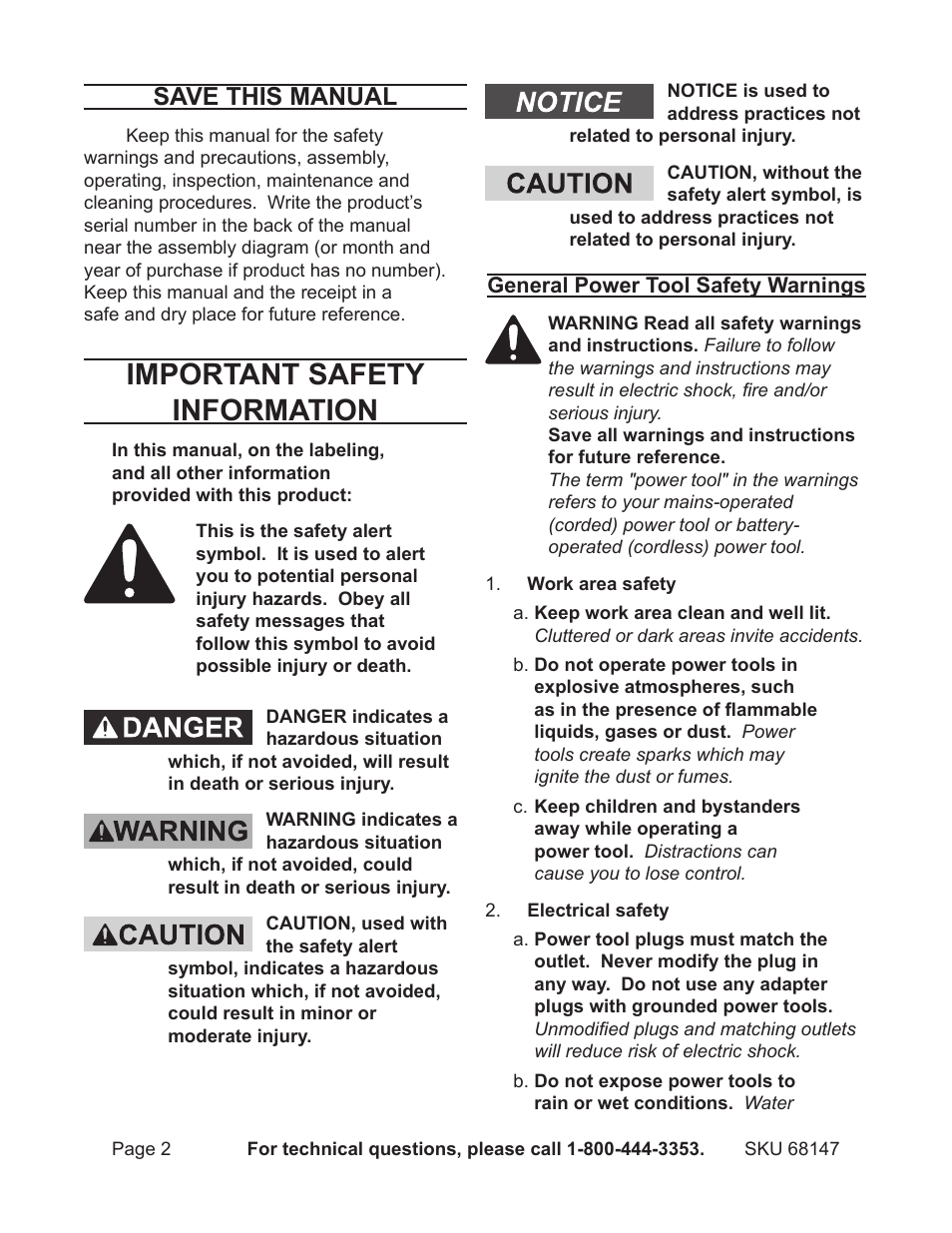 Important safety information, Save this manual | Harbor Freight Tools Electric Hammer 68147 User Manual | Page 2 / 15