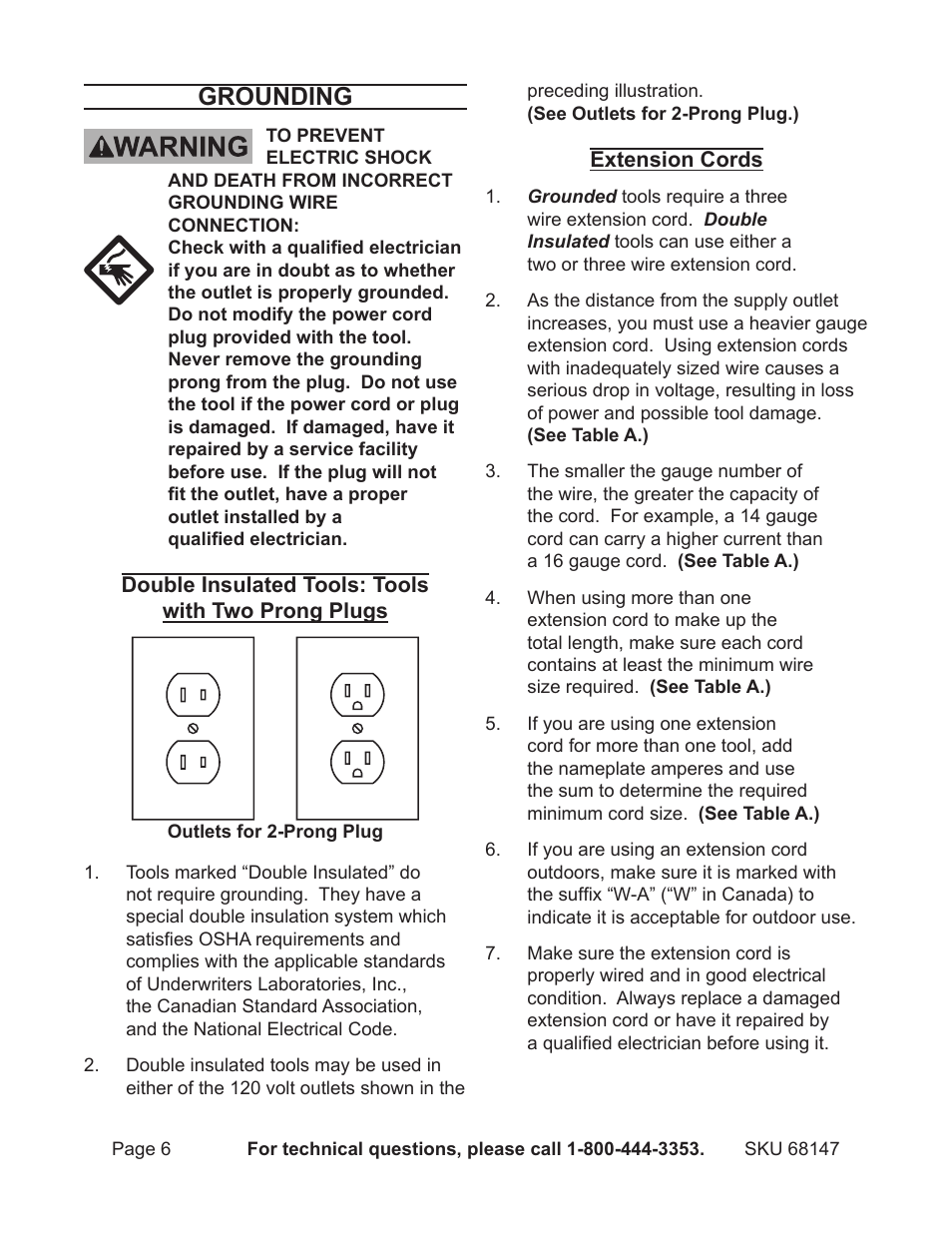 Grounding | Harbor Freight Tools Electric Hammer 68147 User Manual | Page 6 / 15