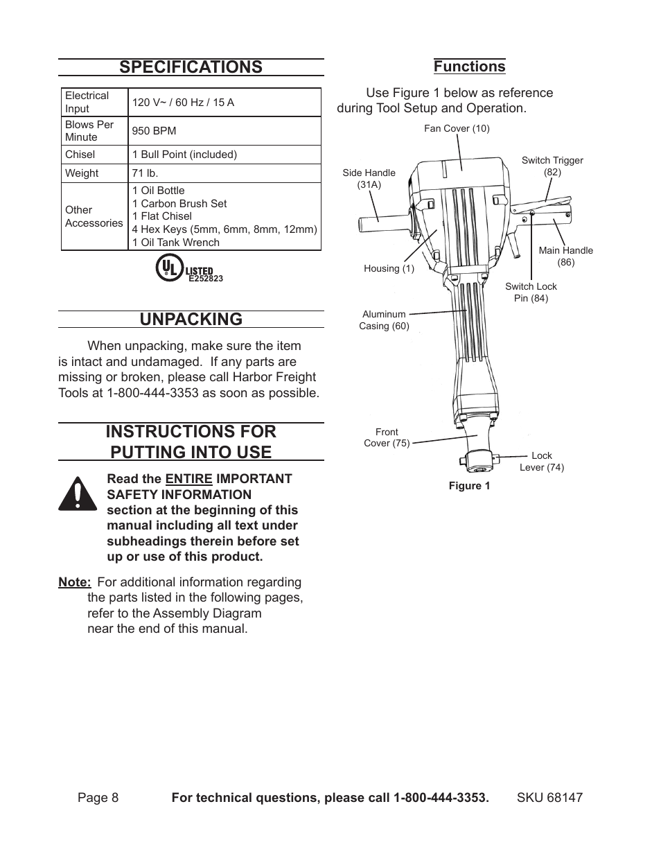 Specifications, Unpacking, Instructions for putting into use | Functions | Harbor Freight Tools Electric Hammer 68147 User Manual | Page 8 / 15