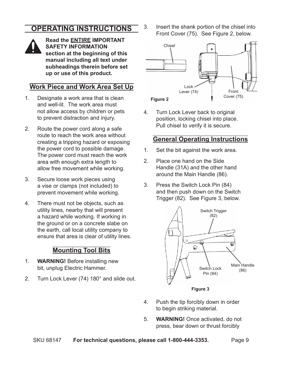 Operating instructions, Work piece and work area set up, Mounting tool bits | General operating instructions | Harbor Freight Tools Electric Hammer 68147 User Manual | Page 9 / 15