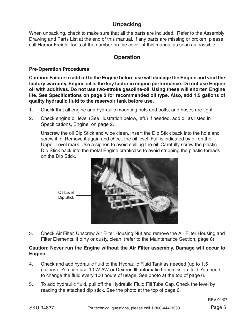 Unpacking, Operation | Harbor Freight Tools 94837 User Manual | Page 5 / 12