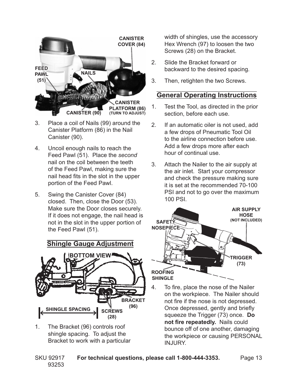 Shingle gauge adjustment, General operating instructions | Harbor Freight Tools 92917 User Manual | Page 13 / 20