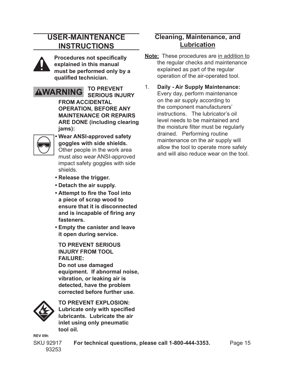 User-maintenance instructions | Harbor Freight Tools 92917 User Manual | Page 15 / 20