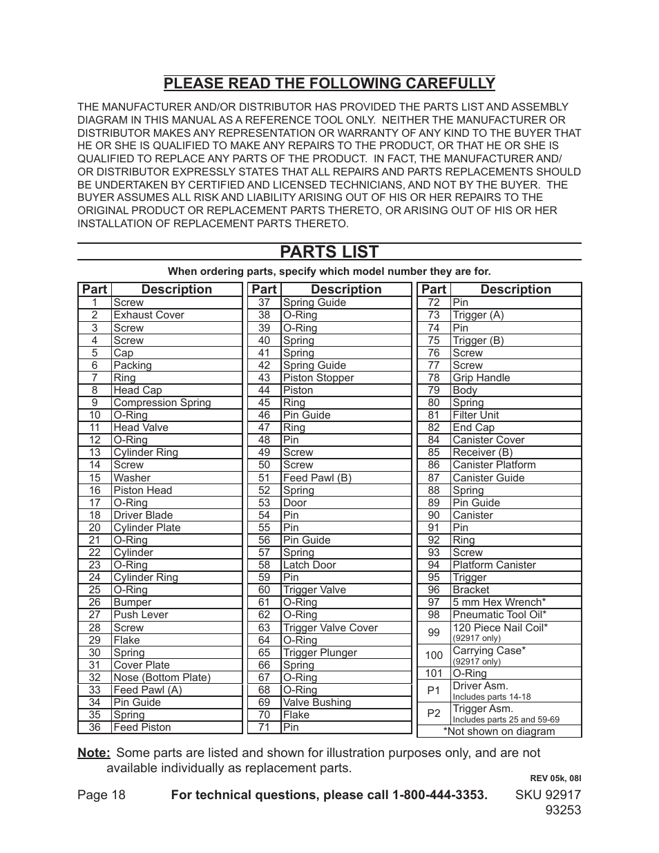 Parts list, Please read the following carefully | Harbor Freight Tools 92917 User Manual | Page 18 / 20