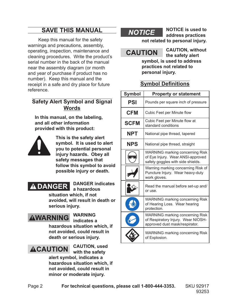 Save this manual | Harbor Freight Tools 92917 User Manual | Page 2 / 20