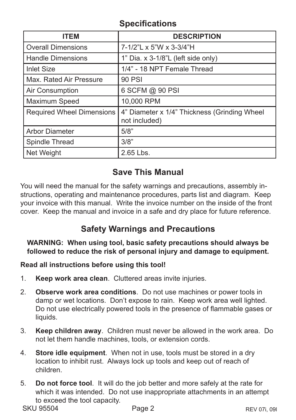 Specifications save this manual, Safety warnings and precautions | Harbor Freight Tools 95504 User Manual | Page 2 / 10