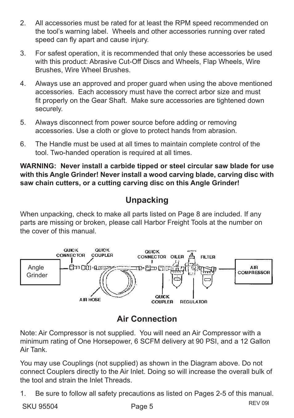 Unpacking, Air connection | Harbor Freight Tools 95504 User Manual | Page 5 / 10