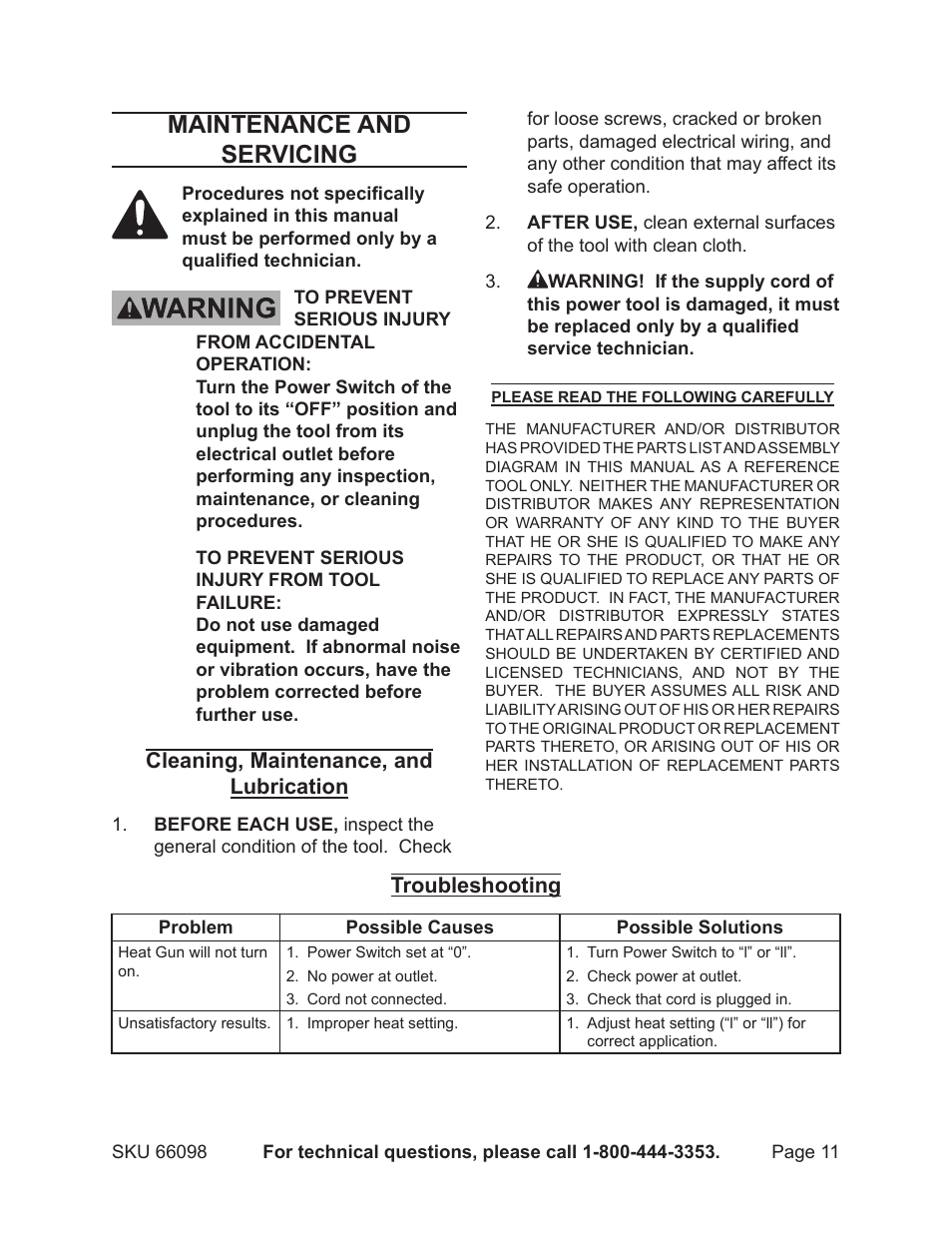 Maintenance and servicing, Cleaning, maintenance, and lubrication, Troubleshooting | Harbor Freight Tools 66098 User Manual | Page 11 / 13