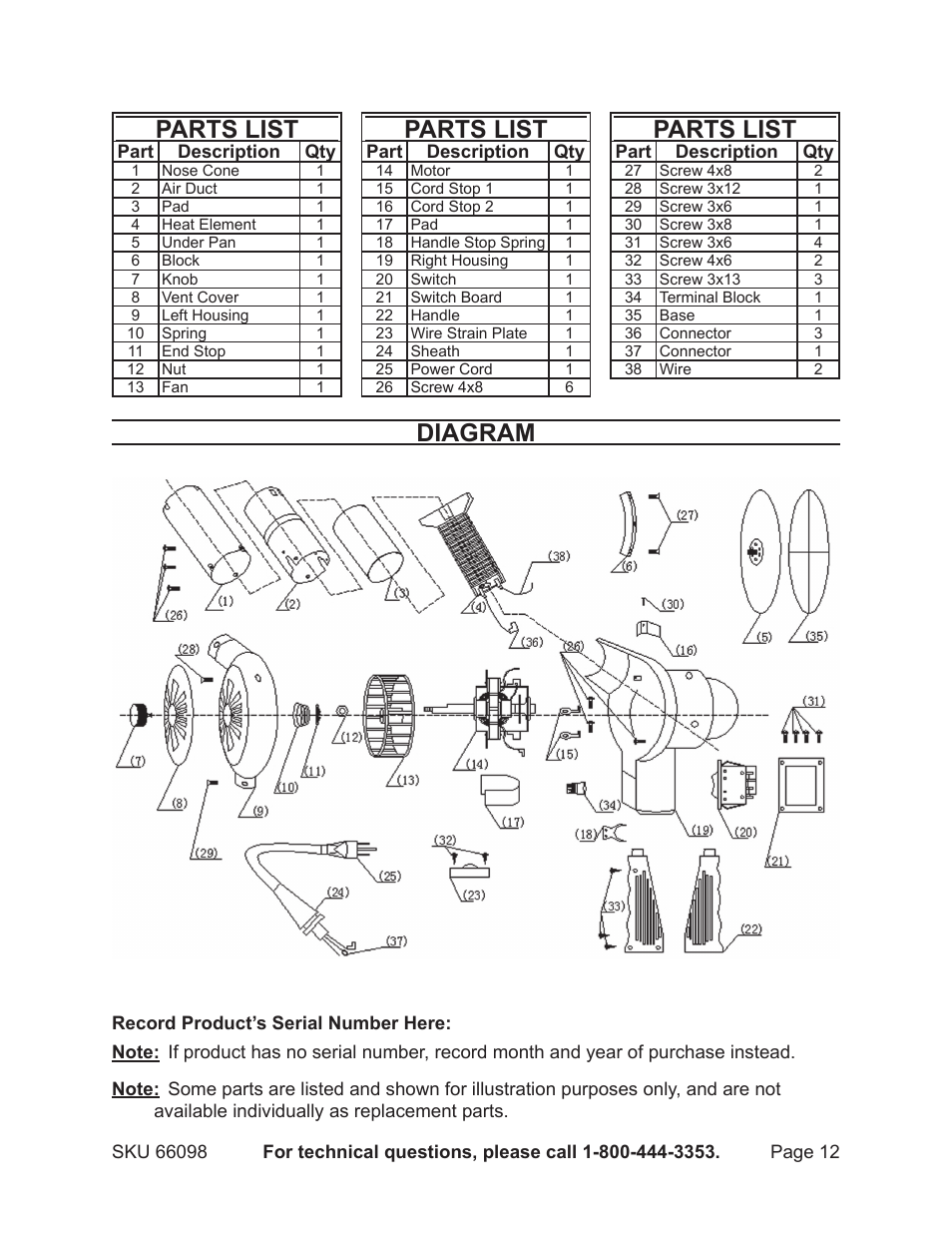 Parts list, Diagram | Harbor Freight Tools 66098 User Manual | Page 12 / 13