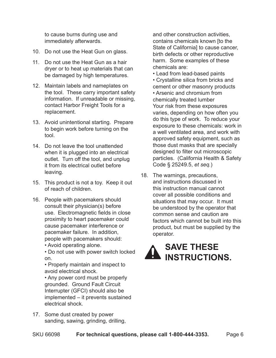 Save these instructions | Harbor Freight Tools 66098 User Manual | Page 6 / 13