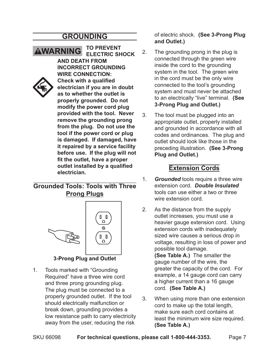 Grounding | Harbor Freight Tools 66098 User Manual | Page 7 / 13