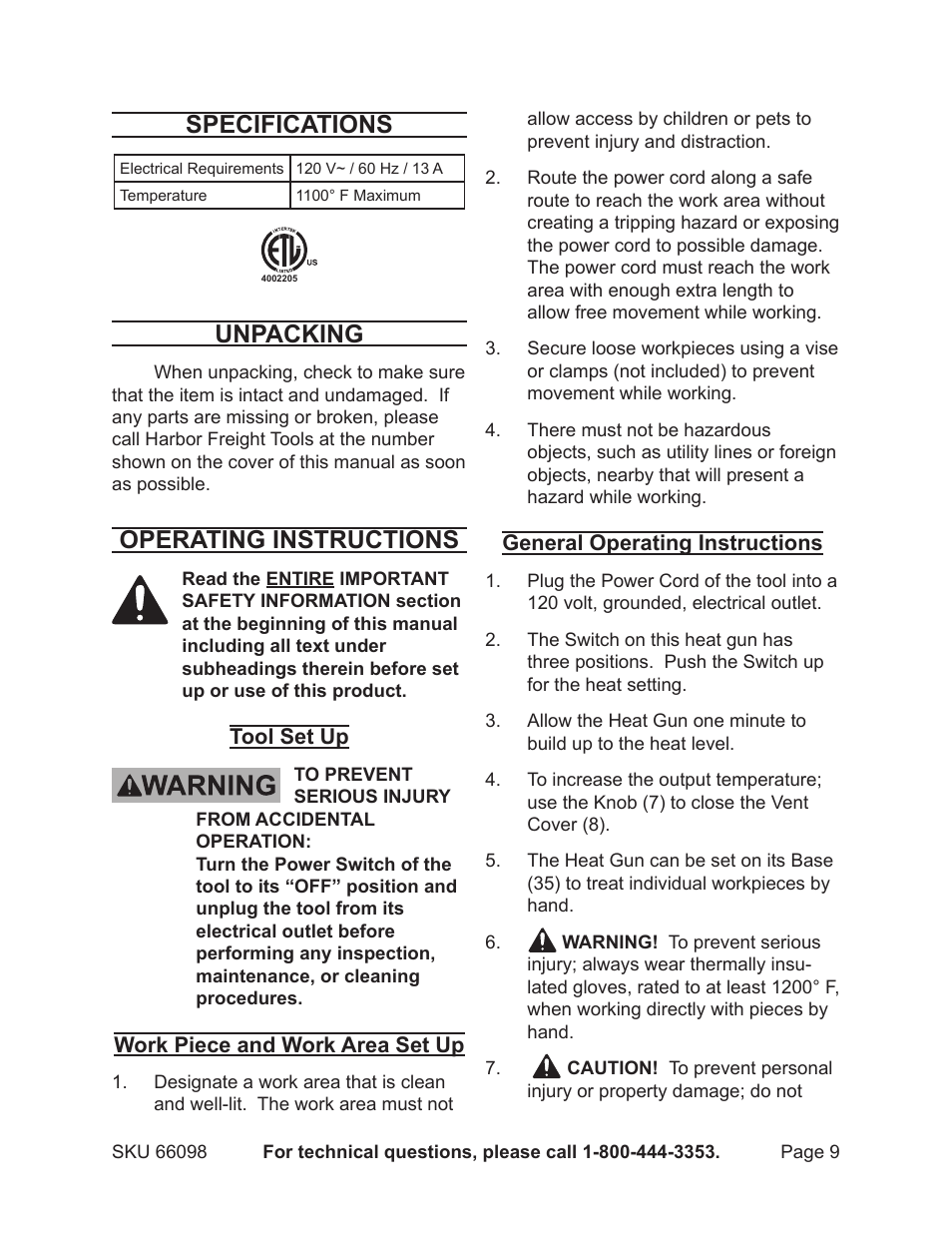 Specifications, Unpacking, Operating instructions | Harbor Freight Tools 66098 User Manual | Page 9 / 13