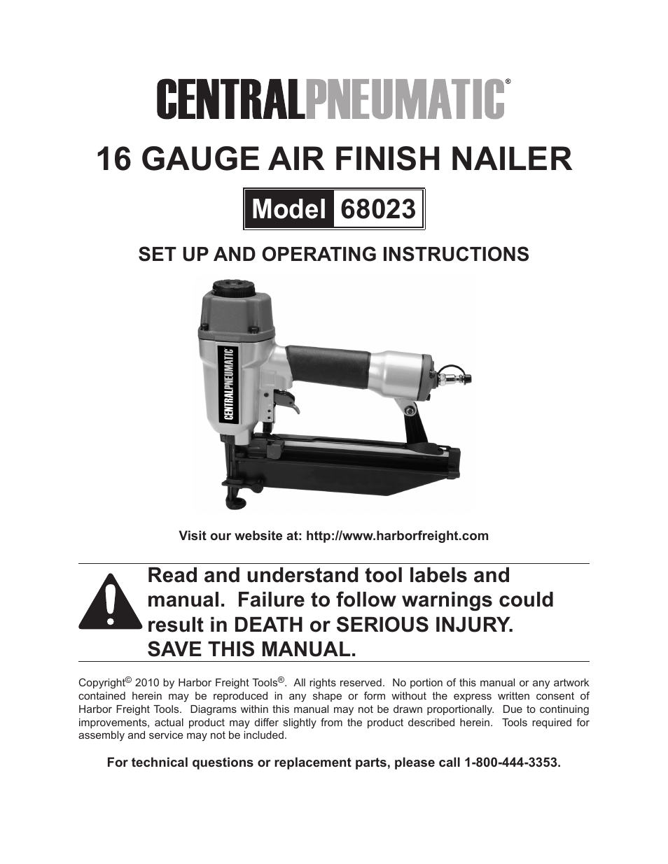 Harbor Freight Tools 16 gauge air finish nailer 68023 User Manual | 18 pages