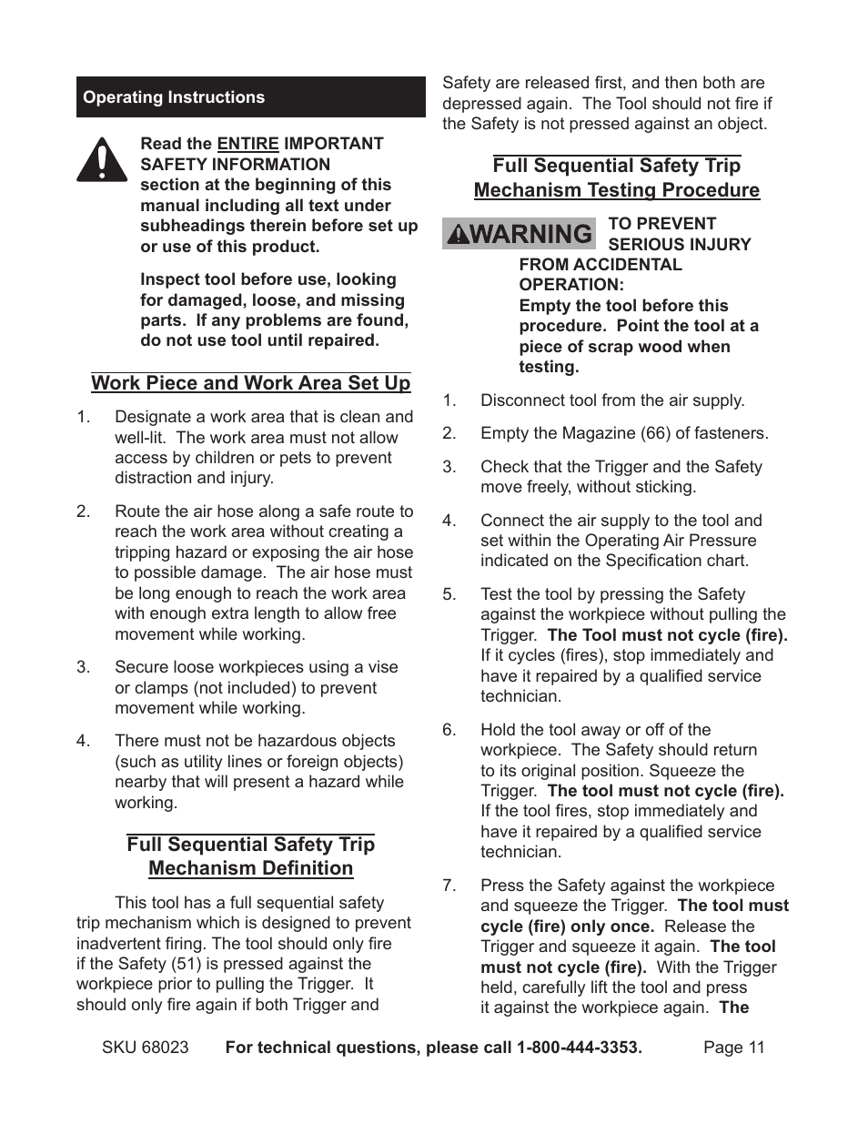 Operating instructions | Harbor Freight Tools 16 gauge air finish nailer 68023 User Manual | Page 11 / 18