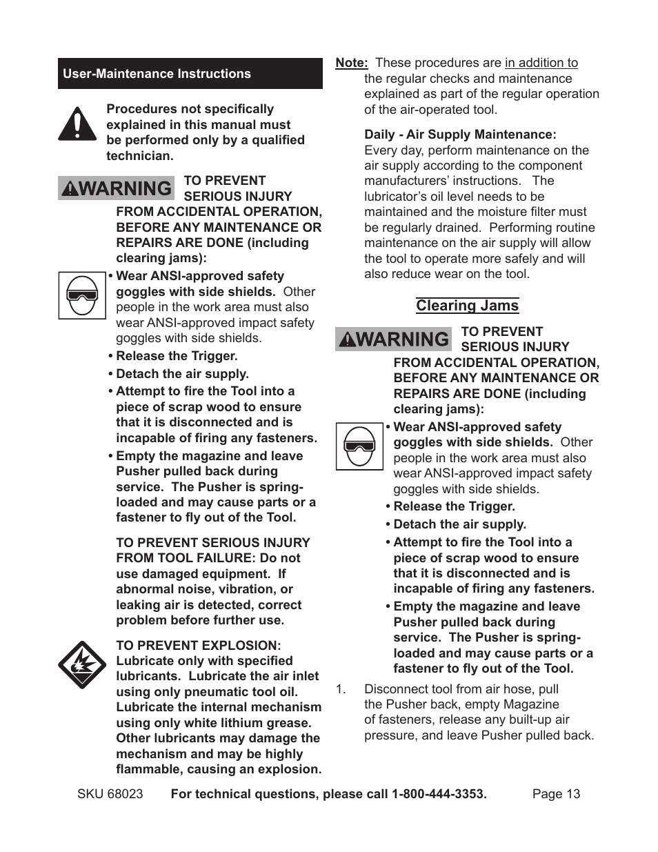 User‑instructions | Harbor Freight Tools 16 gauge air finish nailer 68023 User Manual | Page 13 / 18