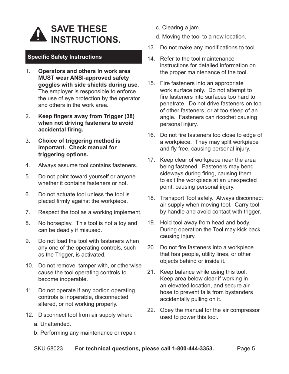 Save these instructions. specific instructions | Harbor Freight Tools 16 gauge air finish nailer 68023 User Manual | Page 5 / 18