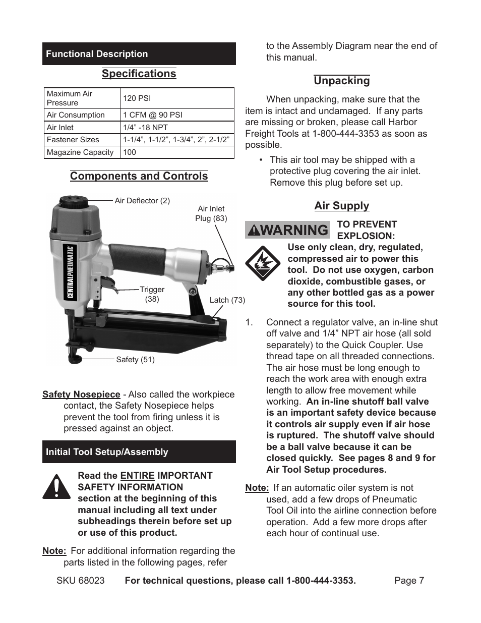 Functional description, Initial assembly | Harbor Freight Tools 16 gauge air finish nailer 68023 User Manual | Page 7 / 18