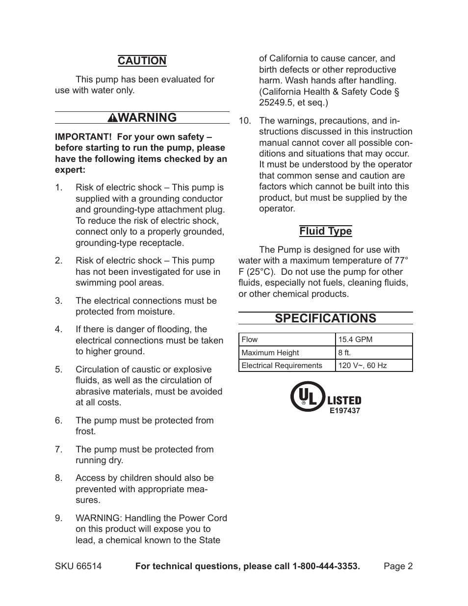 Warning, Specifications | Harbor Freight Tools 66514 User Manual | Page 2 / 8