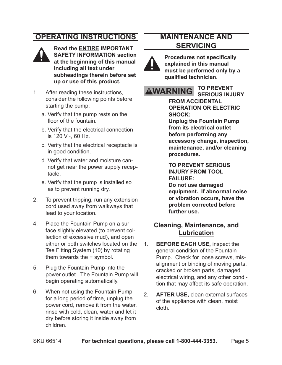 Operating instructions, Maintenance and servicing | Harbor Freight Tools 66514 User Manual | Page 5 / 8