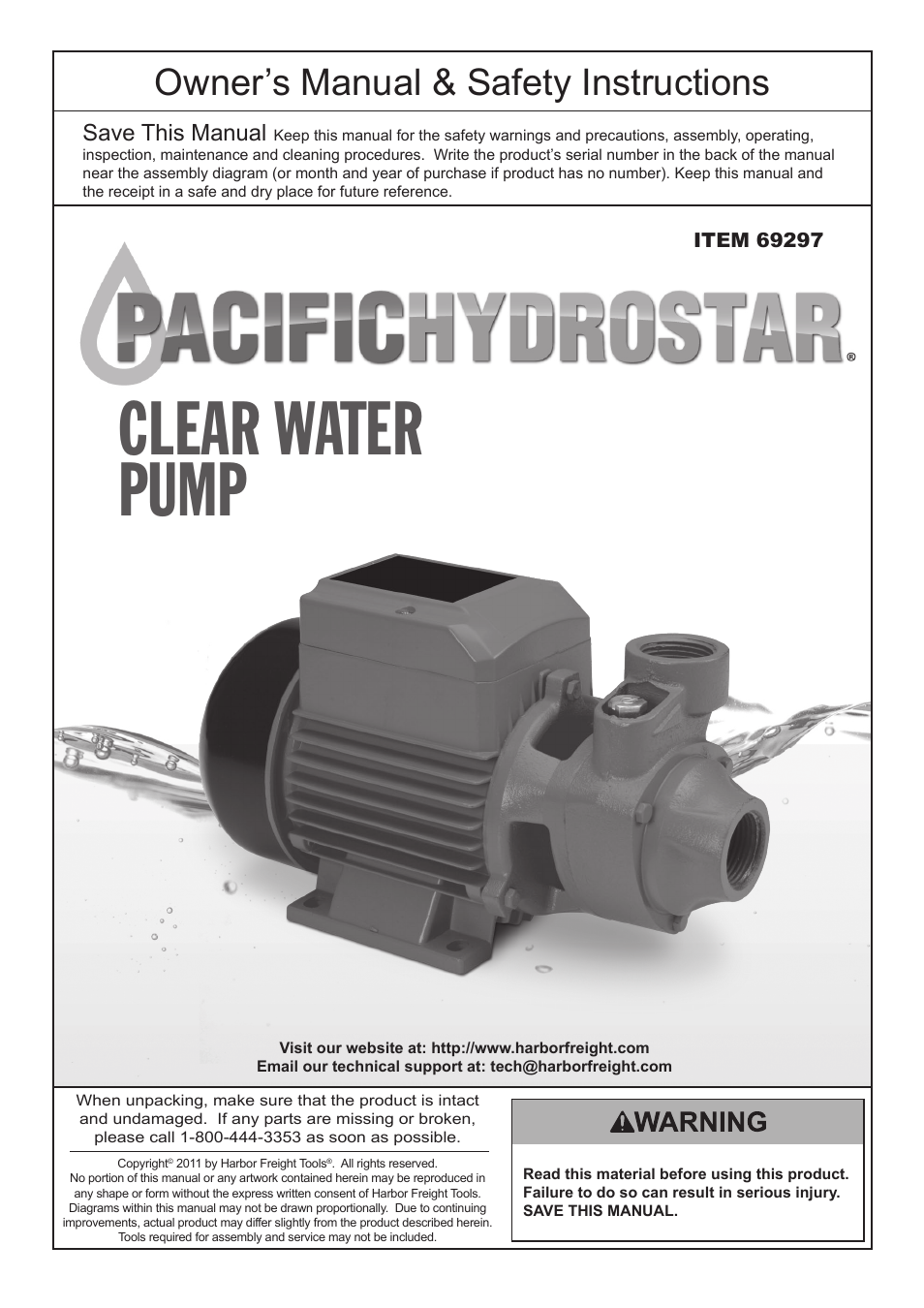 Harbor Freight Tools Clear Water Pump 69297 User Manual | 8 pages