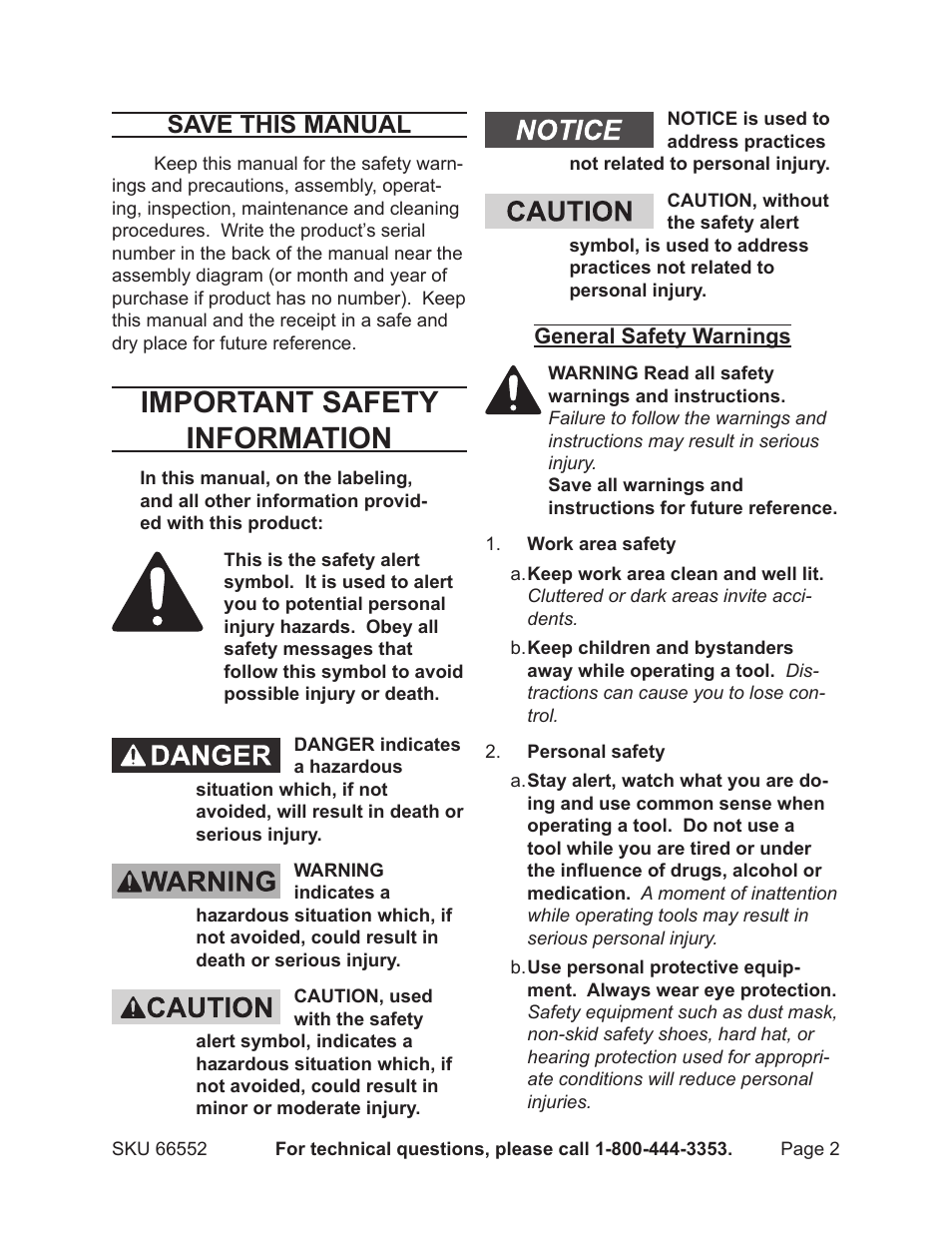 Important safety information, Save this manual | Harbor Freight Tools 66552 User Manual | Page 2 / 8