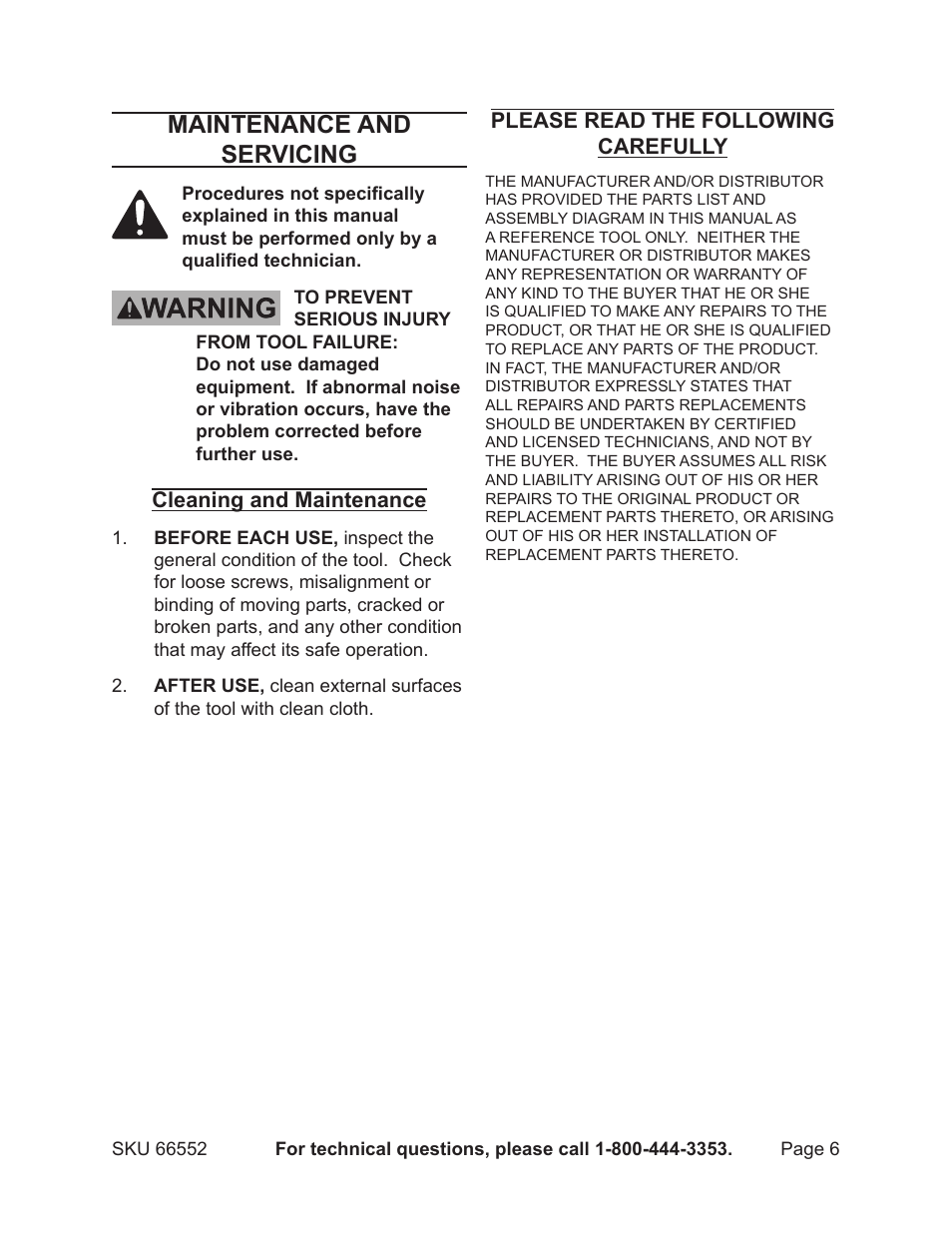 Maintenance and servicing, Cleaning and maintenance, Please read the following carefully | Harbor Freight Tools 66552 User Manual | Page 6 / 8