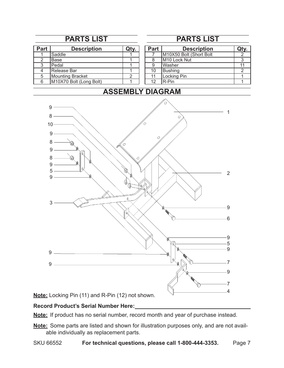 Assembly diagram, Parts list | Harbor Freight Tools 66552 User Manual | Page 7 / 8