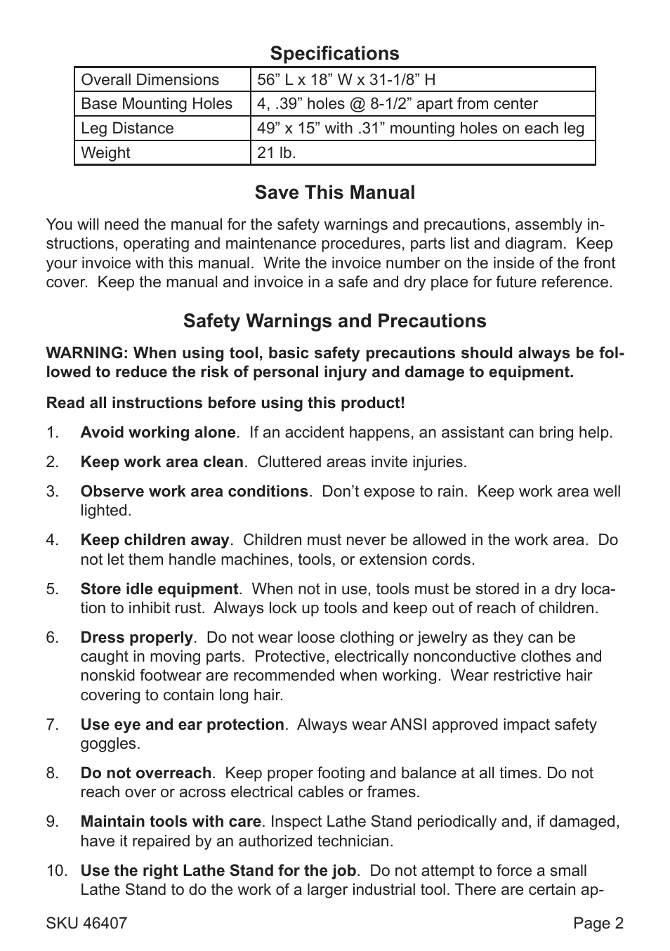 Specifications, Save this manual, Safety warnings and precautions | Harbor Freight Tools 46407 User Manual | Page 2 / 6