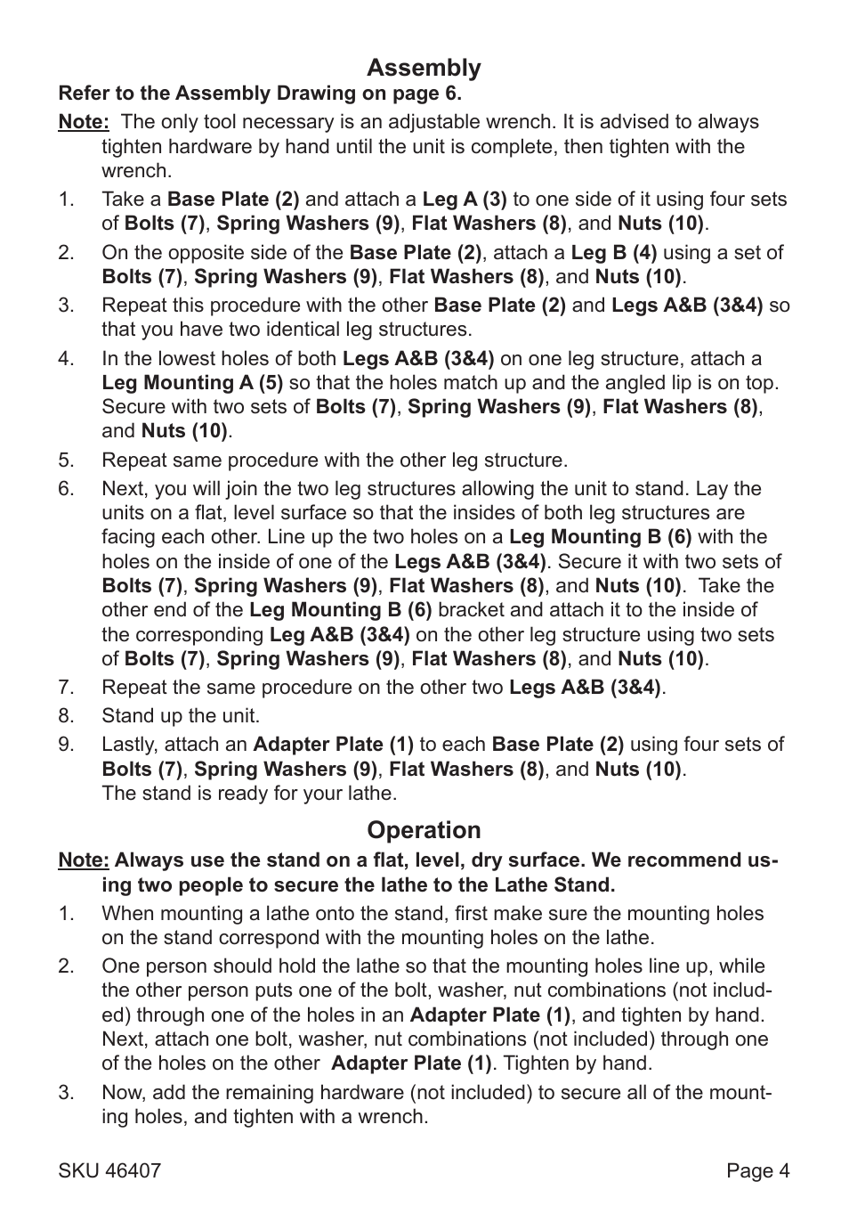 Assembly, Operation | Harbor Freight Tools 46407 User Manual | Page 4 / 6