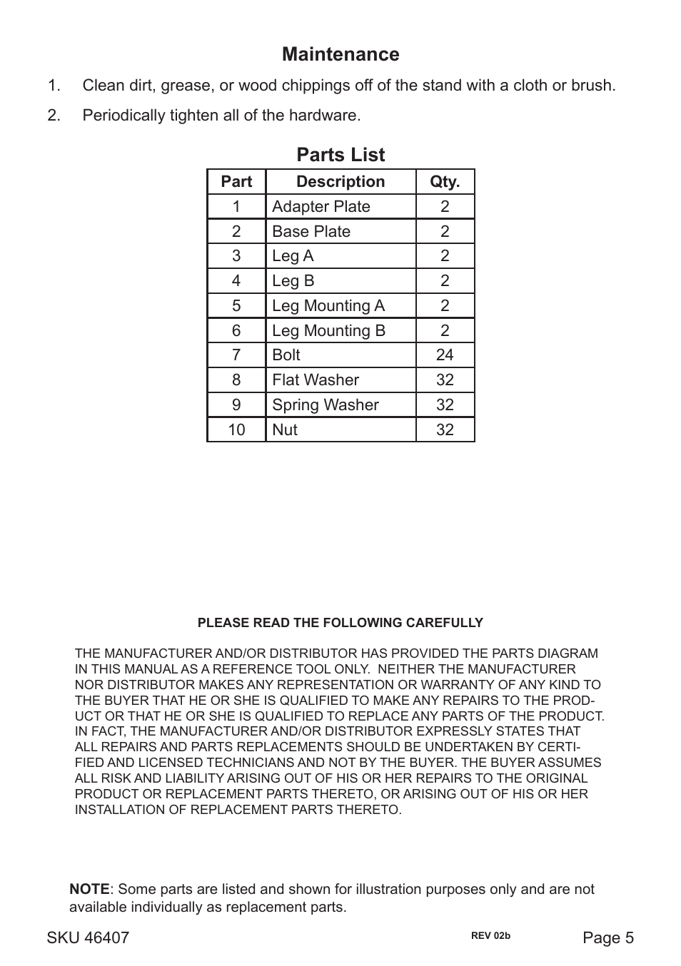 Maintenance, Parts list | Harbor Freight Tools 46407 User Manual | Page 5 / 6