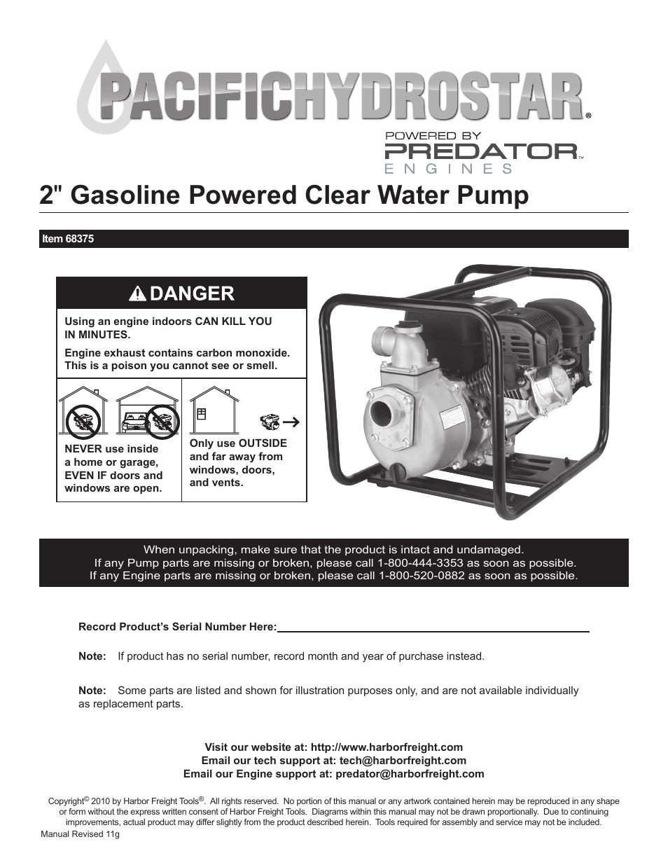 Harbor Freight Tools 2" Gasoline Powered Clear Water Pump 68375 User Manual | 24 pages