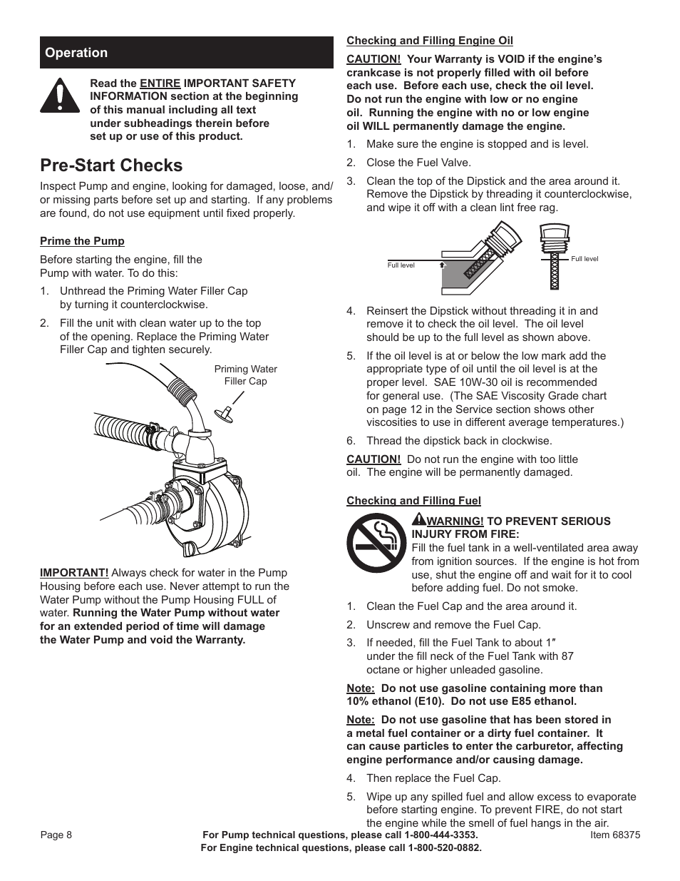 Pre-start checks | Harbor Freight Tools 2" Gasoline Powered Clear Water Pump 68375 User Manual | Page 10 / 24