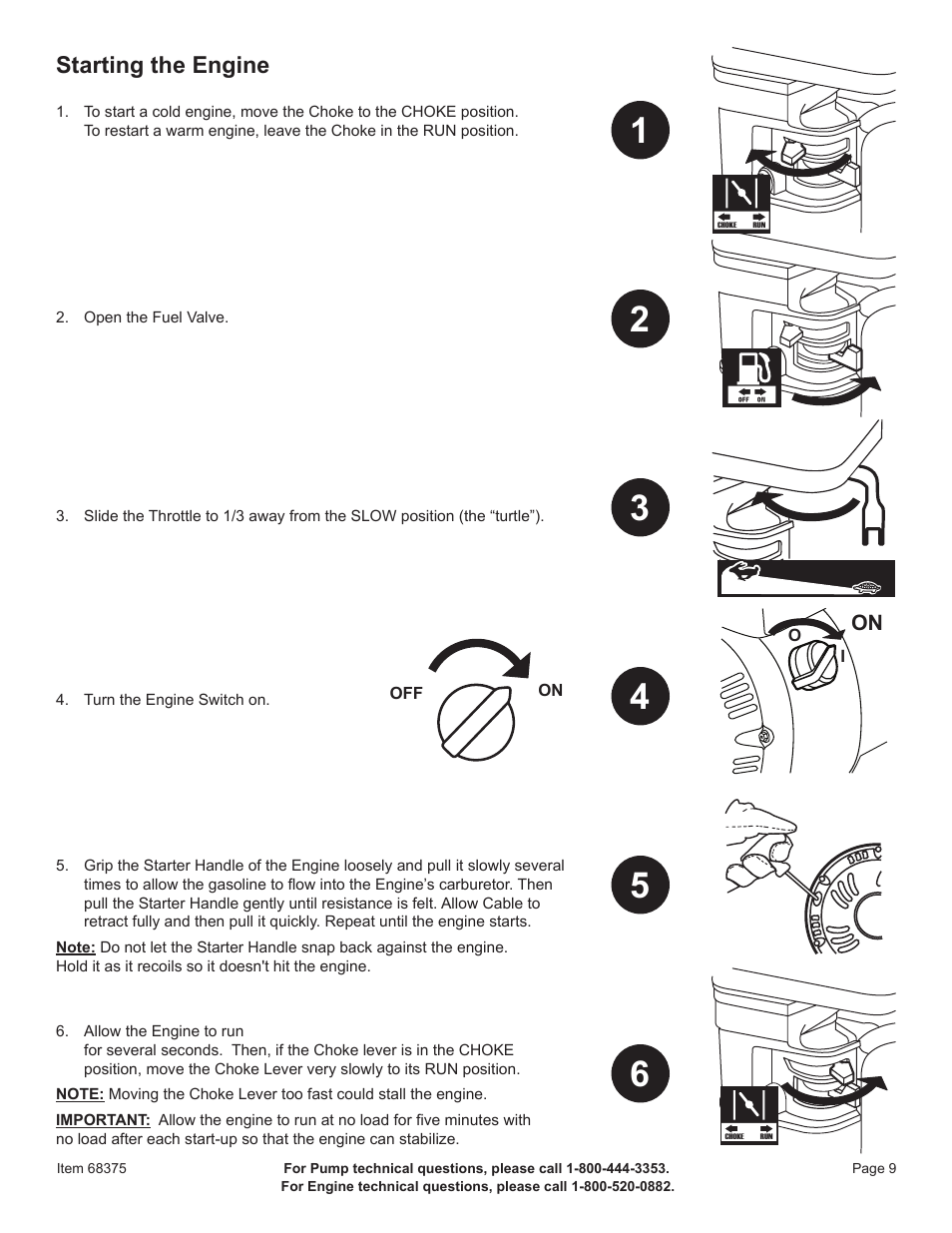 Starting the engine | Harbor Freight Tools 2" Gasoline Powered Clear Water Pump 68375 User Manual | Page 11 / 24