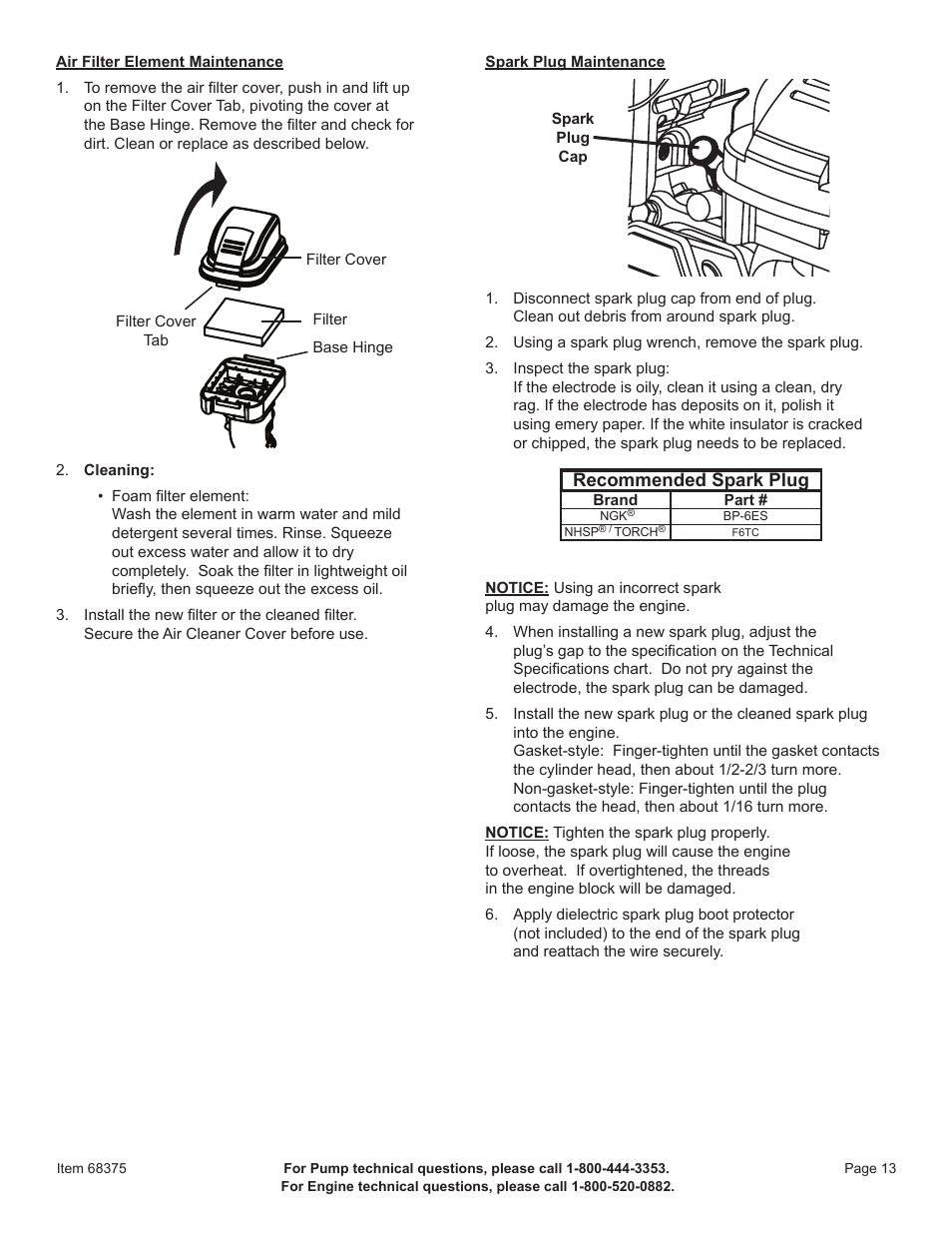 Recommended spark plug | Harbor Freight Tools 2" Gasoline Powered Clear Water Pump 68375 User Manual | Page 15 / 24