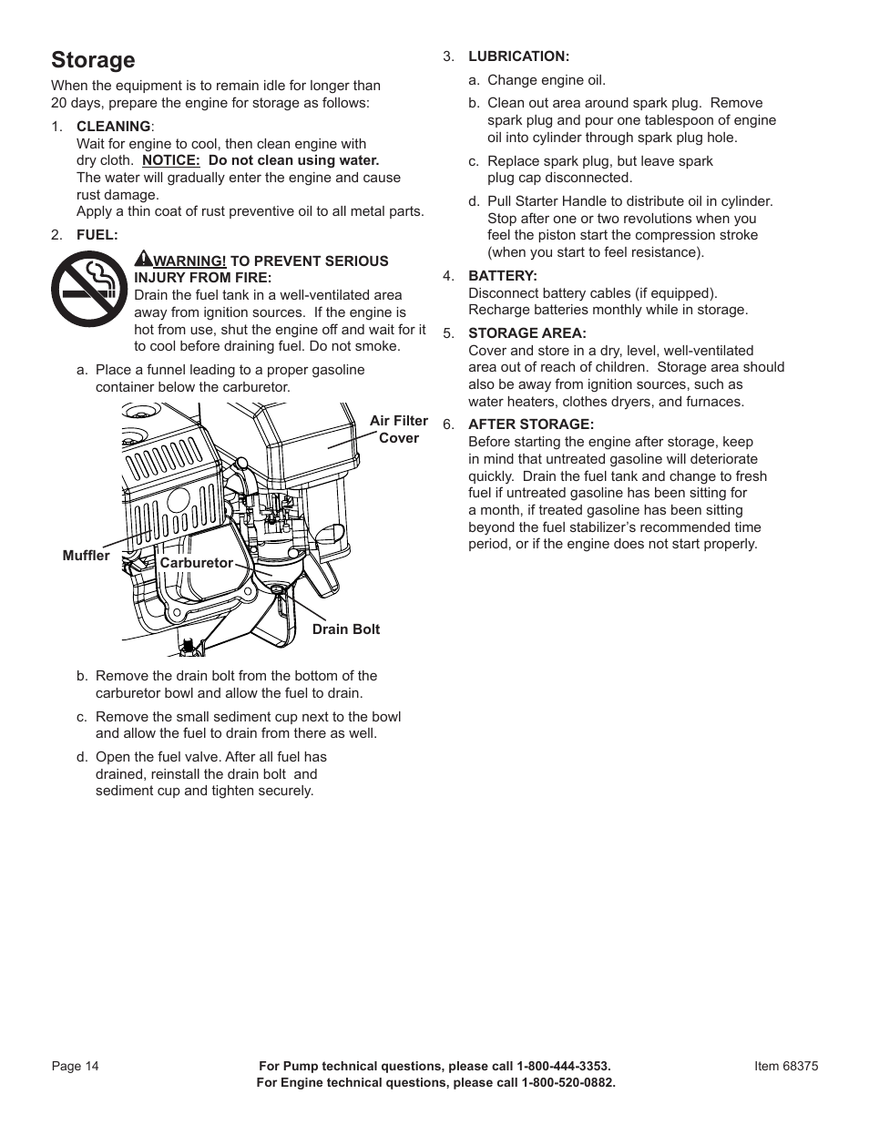 Storage | Harbor Freight Tools 2" Gasoline Powered Clear Water Pump 68375 User Manual | Page 16 / 24