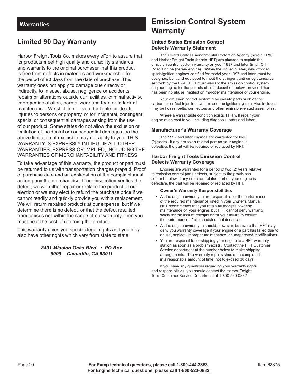 Emission control system warranty, Limited 90 day warranty, Warranties | Harbor Freight Tools 2" Gasoline Powered Clear Water Pump 68375 User Manual | Page 22 / 24