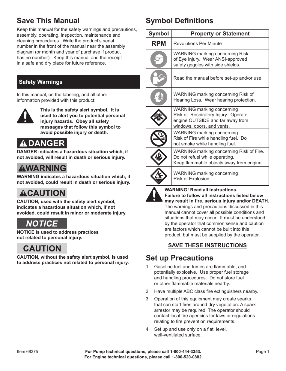 Save this manual, Symbol definitions, Set up precautions | Harbor Freight Tools 2" Gasoline Powered Clear Water Pump 68375 User Manual | Page 3 / 24