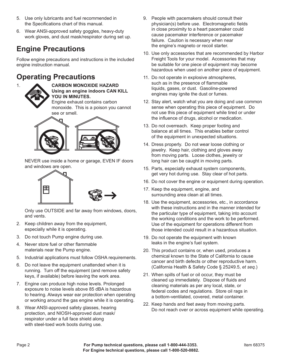 Engine precautions, Operating precautions | Harbor Freight Tools 2" Gasoline Powered Clear Water Pump 68375 User Manual | Page 4 / 24