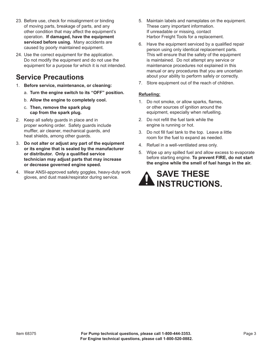 Save these instructions, Service precautions | Harbor Freight Tools 2" Gasoline Powered Clear Water Pump 68375 User Manual | Page 5 / 24